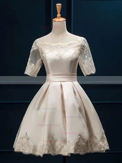 A-line Scalloped Neck Satin Short/Mini Appliques Lace Prom Dresses #Favs020102397