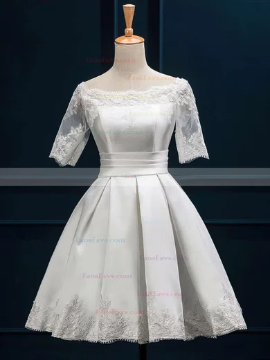 A-line Scalloped Neck Satin Short/Mini Appliques Lace Prom Dresses #Favs020102397