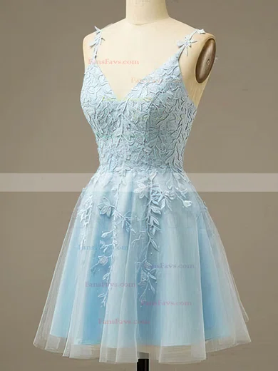 A-line V-neck Lace Tulle Short/Mini Homecoming Dresses With Appliques Lace #Favs020110571