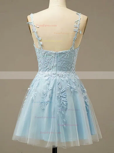 A-line V-neck Lace Tulle Short/Mini Homecoming Dresses With Appliques Lace #Favs020110571