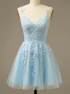 A-line V-neck Lace Tulle Short/Mini Homecoming Dresses With Appliques Lace #Favs020110571