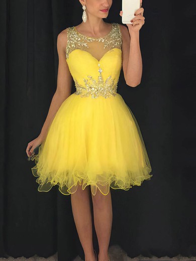 Cute A-line Scoop Neck Tulle with Beading Short/Mini Prom Dresses #Favs020102402