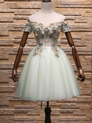 A-line Off-the-shoulder Lace Tulle Short/Mini Homecoming Dresses With Bow #Favs020110595 A-line Off-the-shoulder Lace Tulle Short/Mini Homecoming Dresses With Bow #Favs020110595