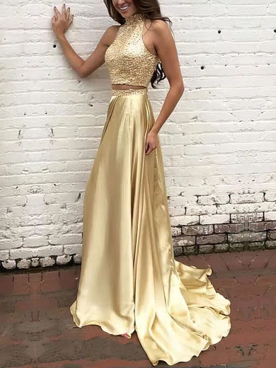 A-line High Neck Silk-like Satin Sweep Train Beading Prom Dresses #Favs020104449
