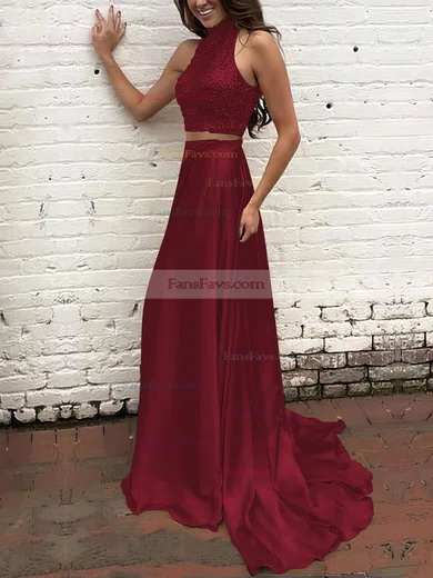 A-line High Neck Silk-like Satin Sweep Train Beading Prom Dresses #Favs020104449