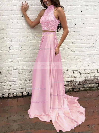 A-line High Neck Silk-like Satin Sweep Train Beading Prom Dresses #Favs020104449