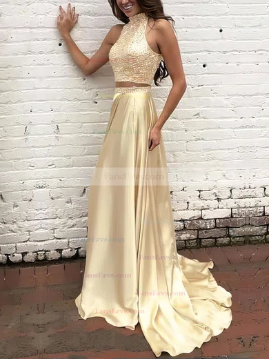 A-line High Neck Silk-like Satin Sweep Train Beading Prom Dresses #Favs020104449