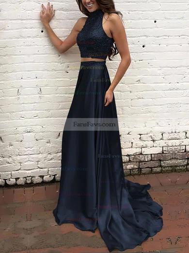 A-line High Neck Silk-like Satin Sweep Train Beading Prom Dresses #Favs020104449