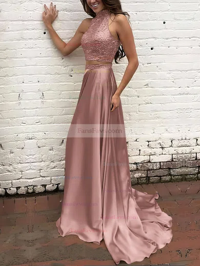 A-line High Neck Silk-like Satin Sweep Train Beading Prom Dresses #Favs020104449