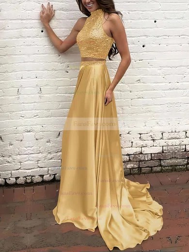 A-line High Neck Silk-like Satin Sweep Train Beading Prom Dresses #Favs020104449