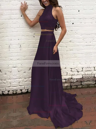 A-line High Neck Silk-like Satin Sweep Train Beading Prom Dresses #Favs020104449