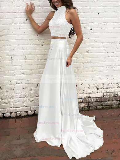 A-line High Neck Silk-like Satin Sweep Train Beading Prom Dresses #Favs020104449