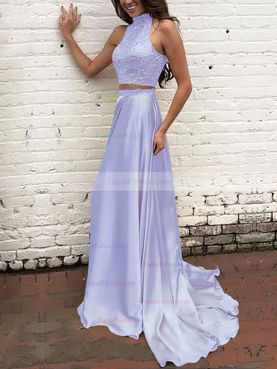 A-line High Neck Silk-like Satin Sweep Train Beading Prom Dresses #Favs020104449
