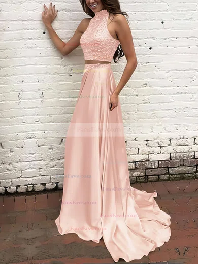 A-line High Neck Silk-like Satin Sweep Train Beading Prom Dresses #Favs020104449