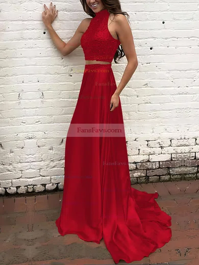 A-line High Neck Silk-like Satin Sweep Train Beading Prom Dresses #Favs020104449