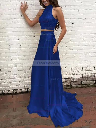 A-line High Neck Silk-like Satin Sweep Train Beading Prom Dresses #Favs020104449