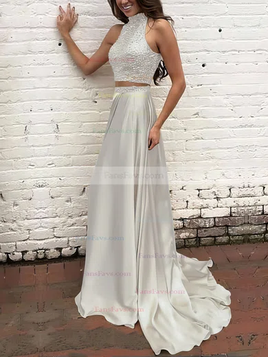 A-line High Neck Silk-like Satin Sweep Train Beading Prom Dresses #Favs020104449