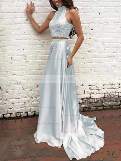 A-line High Neck Silk-like Satin Sweep Train Beading Prom Dresses #Favs020104449