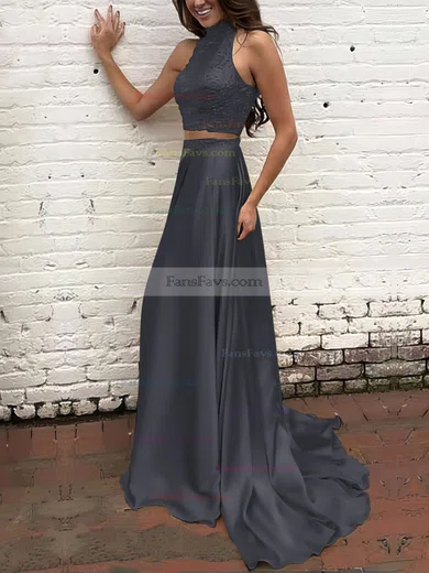 A-line High Neck Silk-like Satin Sweep Train Beading Prom Dresses #Favs020104449