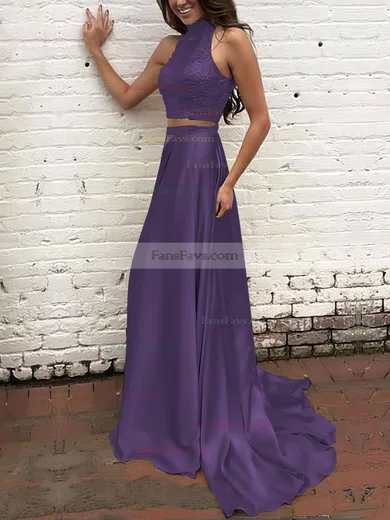 A-line High Neck Silk-like Satin Sweep Train Beading Prom Dresses #Favs020104449