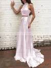 A-line High Neck Silk-like Satin Sweep Train Beading Prom Dresses #Favs020104449