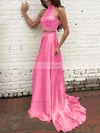 A-line High Neck Silk-like Satin Sweep Train Beading Prom Dresses #Favs020104449