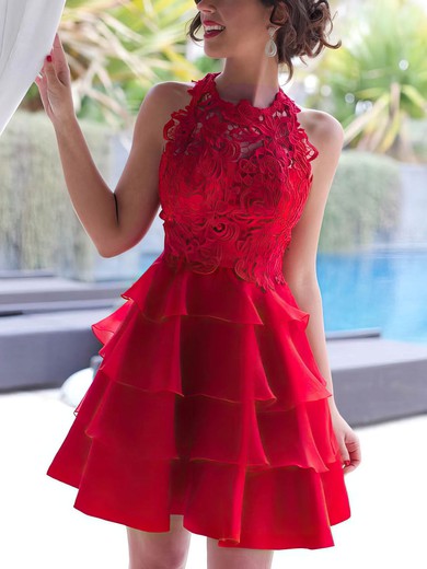 A-line Scoop Neck Lace Chiffon Short/Mini Tiered Red New Style Prom Dresses #Favs020102822