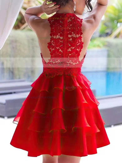 A-line Scoop Neck Lace Chiffon Short/Mini Tiered Red New Style Prom Dresses #Favs020102822