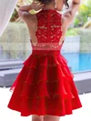 A-line Scoop Neck Lace Chiffon Short/Mini Tiered Red New Style Prom Dresses #Favs020102822