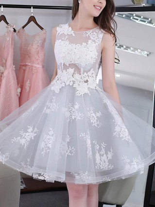 A-line Scoop Neck Tulle Knee-length Appliques Lace Sweet Prom Dresses #Favs020102858 A-line Scoop Neck Tulle Knee-length Appliques Lace Sweet Prom Dresses #Favs020102858