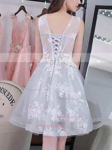 A-line Scoop Neck Tulle Knee-length Appliques Lace Sweet Prom Dresses #Favs020102858