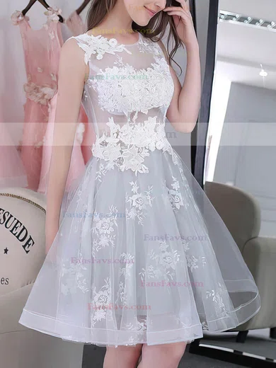 A-line Scoop Neck Tulle Knee-length Appliques Lace Sweet Prom Dresses #Favs020102858