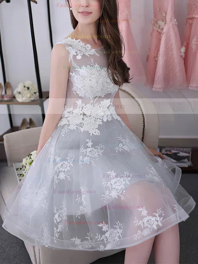 A-line Scoop Neck Tulle Knee-length Appliques Lace Sweet Prom Dresses #Favs020102858