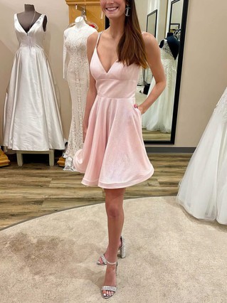 A-line V-neck Shimmer Crepe Short/Mini Homecoming Dresses With Pockets #Favs020110643 A-line V-neck Shimmer Crepe Short/Mini Homecoming Dresses With Pockets #Favs020110643
