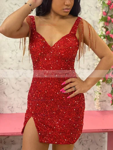 Sheath/Column V-neck Sequined Short/Mini Homecoming Dresses With Split Front #Favs020110658