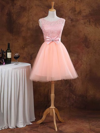 Ball Gown Scoop Neck Lace Tulle Short/Mini Bow Prom Dresses #Favs02017611