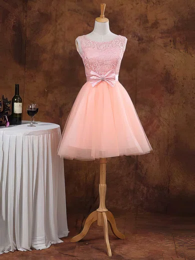 Ball Gown Scoop Neck Lace Tulle Short/Mini Bow Prom Dresses #Favs02017611