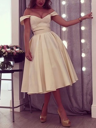 Ball Gown Off-the-shoulder Satin Tea-length Prom Dresses #Favs020103042 Ball Gown Off-the-shoulder Satin Tea-length Prom Dresses #Favs020103042