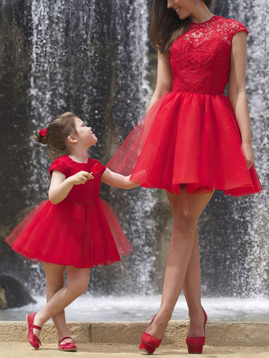 New Short/Mini Red Tulle Lace Ruffles Scoop Neck Prom Dresses #Favs02018746