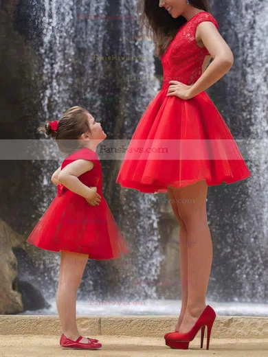 New Short/Mini Red Tulle Lace Ruffles Scoop Neck Prom Dresses #Favs02018746