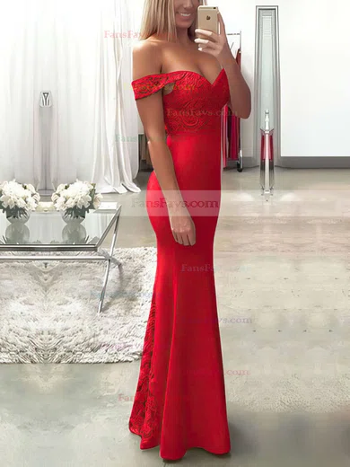 Trumpet/Mermaid Off-the-shoulder Lace Silk-like Satin Floor-length Sashes / Ribbons Prom Dresses #Favs020104503