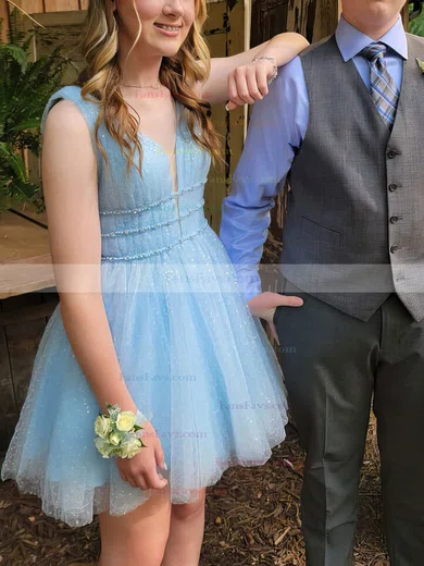 A-line V-neck Tulle Short/Mini Homecoming Dresses With Beading #Favs020110713