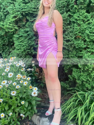 Sheath/Column V-neck Silk-like Satin Short/Mini Homecoming Dresses With Split Front #Favs020110720