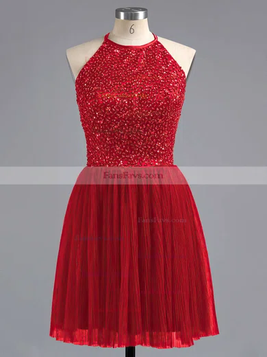 Tulle Scoop Neck Beading Spaghetti Straps Elegant Short/Mini Prom Dress #Favs02019702