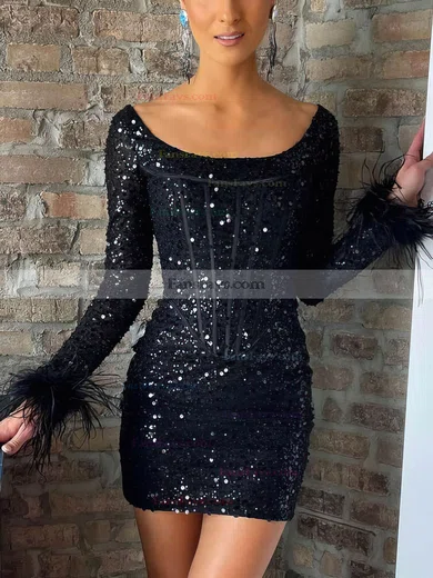Sheath/Column Square Neckline Sequined Short/Mini Homecoming Dresses With Feathers / Fur #Favs020110725