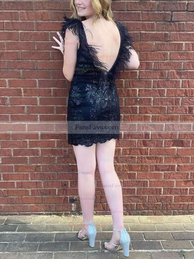 Sheath/Column V-neck Sequined Short/Mini Homecoming Dresses With Feathers / Fur #Favs020110730