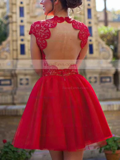 Casual Red Lace Tulle Scoop Neck Short/Mini Cap Straps Prom Dress #Favs02019873
