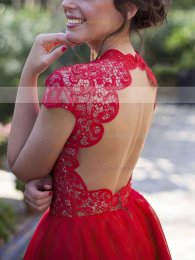 Casual Red Lace Tulle Scoop Neck Short/Mini Cap Straps Prom Dress #Favs02019873