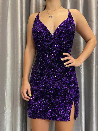 Sheath/Column V-neck Sequined Short/Mini Homecoming Dresses With Split Front #Favs020110752 Sheath/Column V-neck Sequined Short/Mini Homecoming Dresses With Split Front #Favs020110752