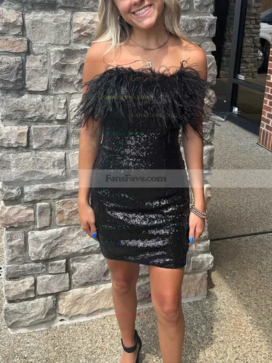Sheath/Column Strapless Sequined Short/Mini Homecoming Dresses With Feathers / Fur #Favs020110762